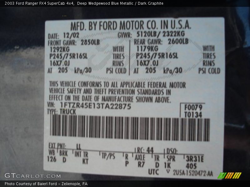 2003 Ranger FX4 SuperCab 4x4 Deep Wedgewood Blue Metallic Color Code LL