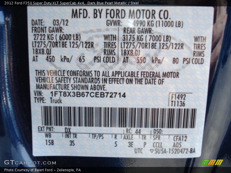 Dark Blue Pearl Metallic / Steel 2012 Ford F350 Super Duty XLT SuperCab 4x4
