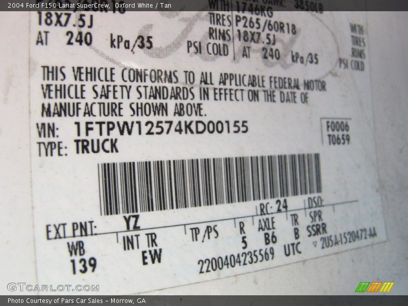 2004 F150 Lariat SuperCrew Oxford White Color Code YZ