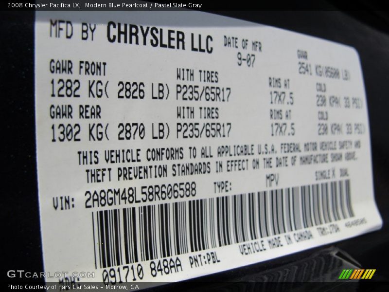 Modern Blue Pearlcoat / Pastel Slate Gray 2008 Chrysler Pacifica LX