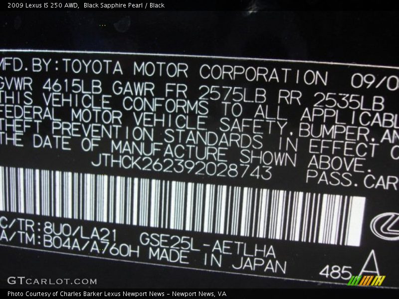 Black Sapphire Pearl / Black 2009 Lexus IS 250 AWD