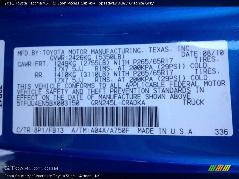 Speedway Blue / Graphite Gray 2011 Toyota Tacoma V6 TRD Sport Access Cab 4x4