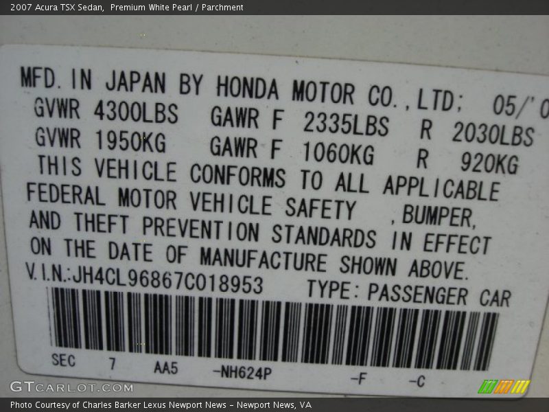 2007 TSX Sedan Premium White Pearl Color Code NH624P