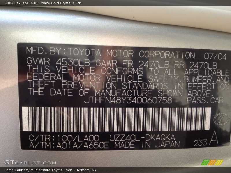 White Gold Crystal / Ecru 2004 Lexus SC 430