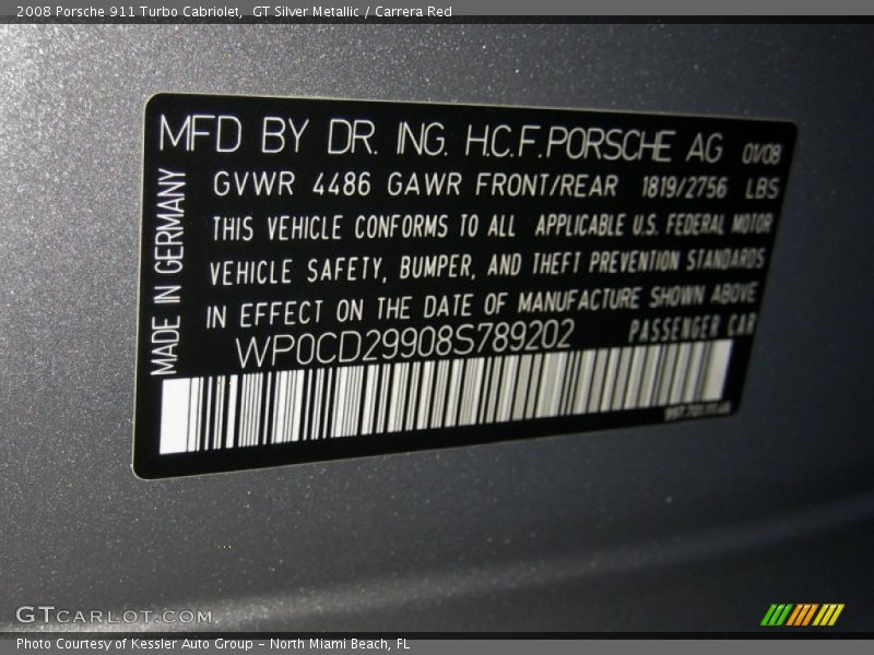 Info Tag of 2008 911 Turbo Cabriolet