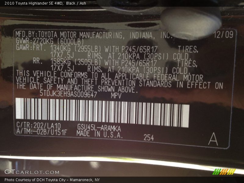 Black / Ash 2010 Toyota Highlander SE 4WD