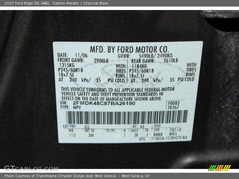 2007 Edge SEL AWD Carbon Metallic Color Code G5