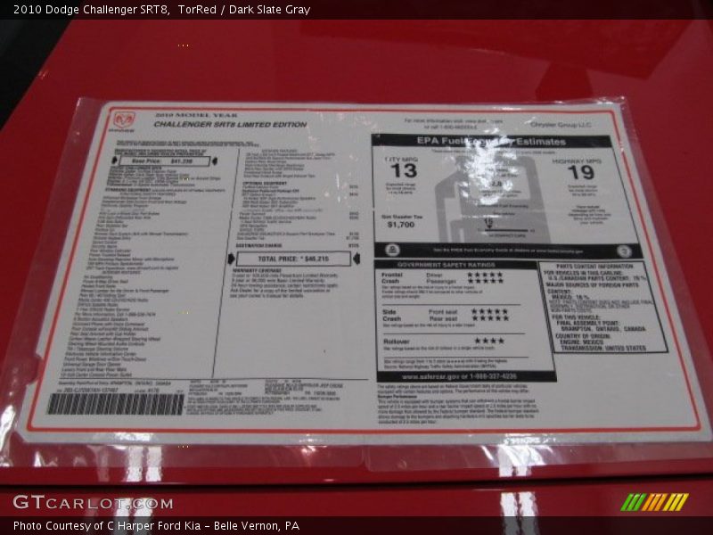  2010 Challenger SRT8 Window Sticker