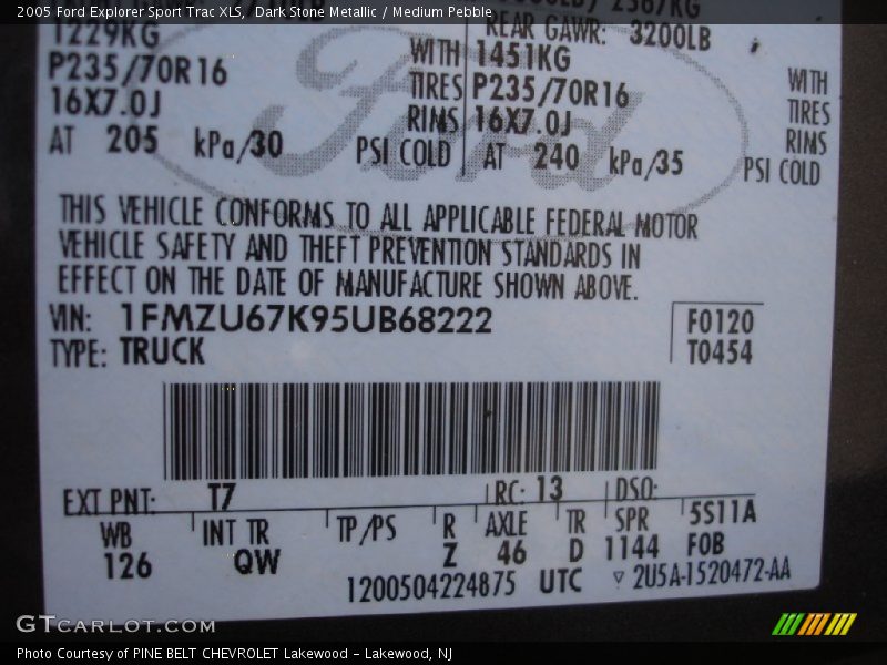 2005 Explorer Sport Trac XLS Dark Stone Metallic Color Code T7
