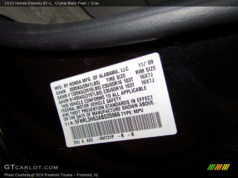 Crystal Black Pearl / Gray 2010 Honda Odyssey EX-L