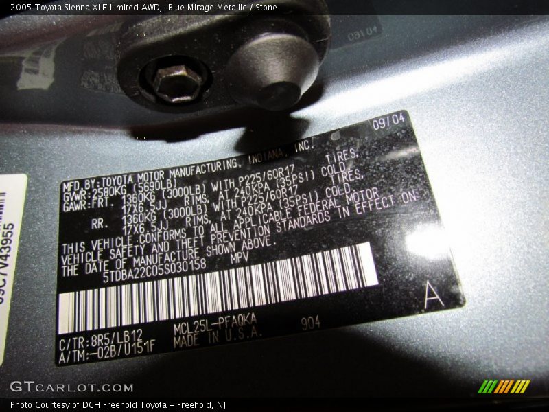 2005 Sienna XLE Limited AWD Blue Mirage Metallic Color Code 8R5