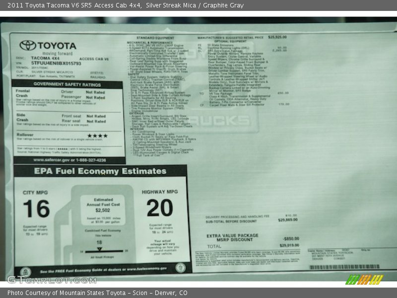 Silver Streak Mica / Graphite Gray 2011 Toyota Tacoma V6 SR5 Access Cab 4x4