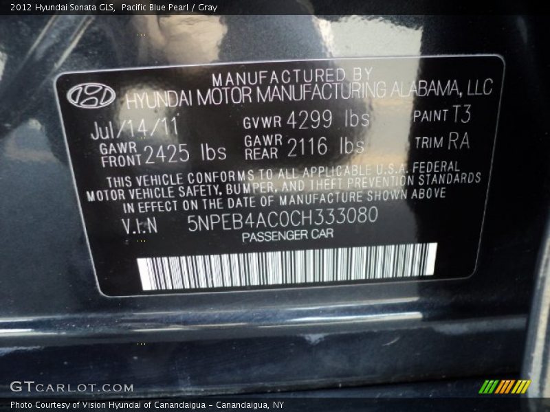 Pacific Blue Pearl / Gray 2012 Hyundai Sonata GLS