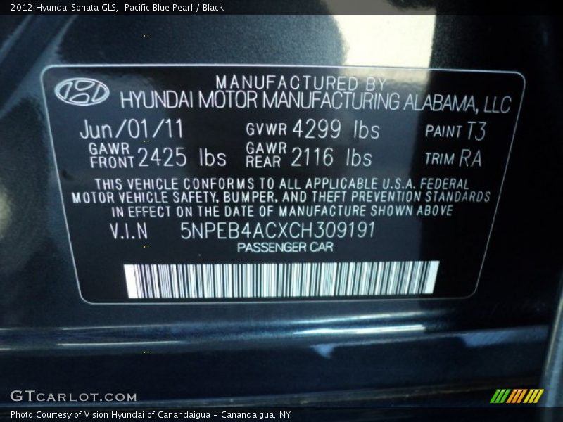 Pacific Blue Pearl / Black 2012 Hyundai Sonata GLS