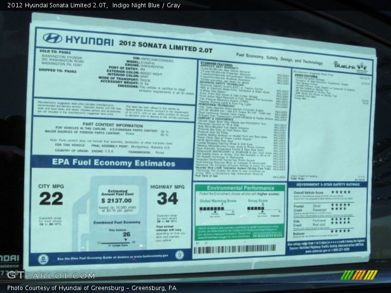  2012 Sonata Limited 2.0T Window Sticker
