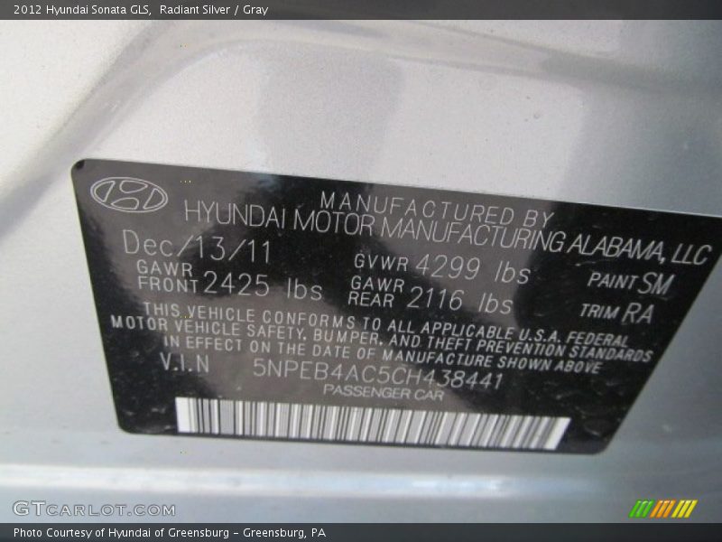 Radiant Silver / Gray 2012 Hyundai Sonata GLS