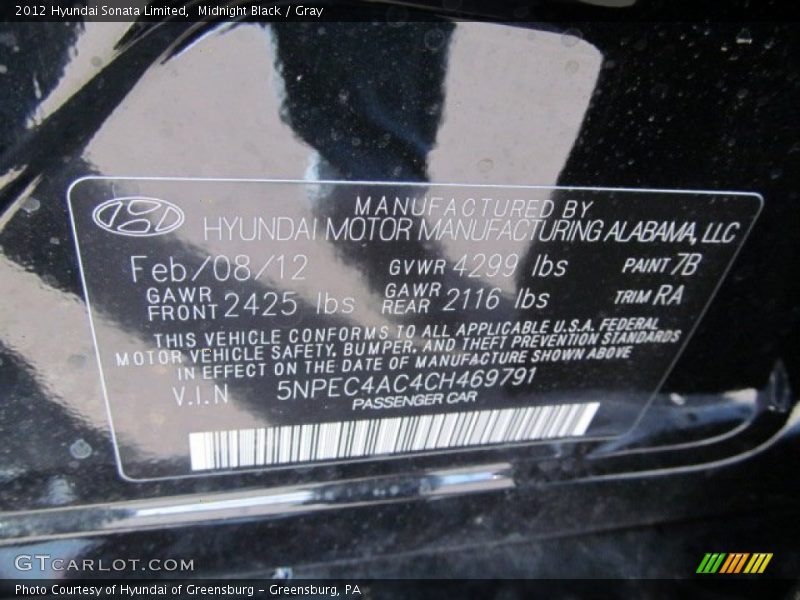 Midnight Black / Gray 2012 Hyundai Sonata Limited