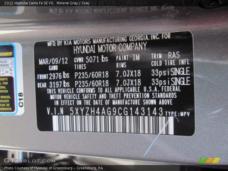 2012 Santa Fe SE V6 Mineral Gray Color Code IM