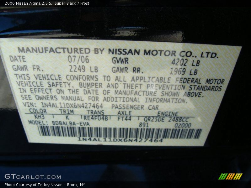 Super Black / Frost 2006 Nissan Altima 2.5 S