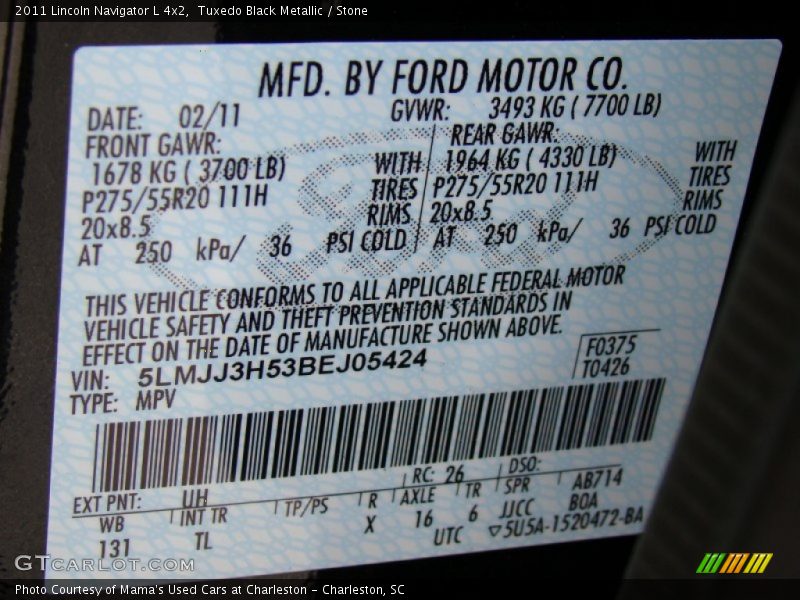 2011 Navigator L 4x2 Tuxedo Black Metallic Color Code UH