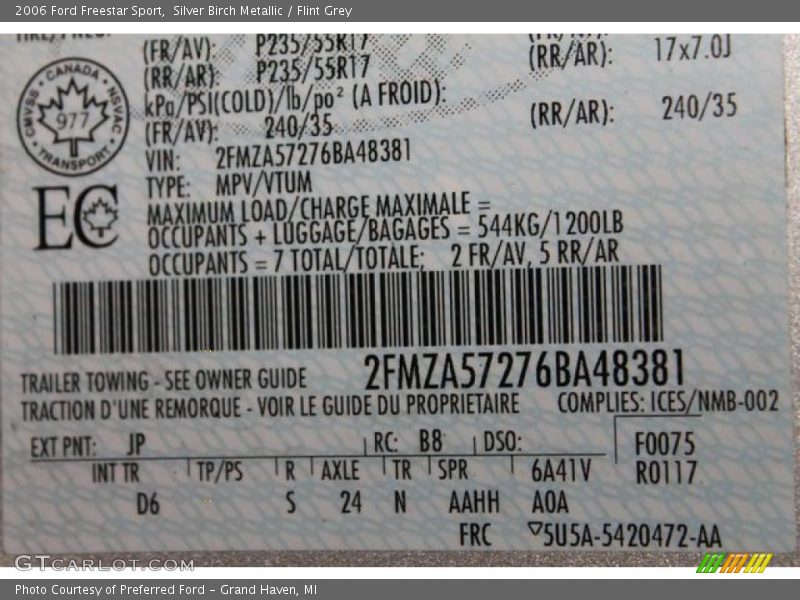 2006 Freestar Sport Silver Birch Metallic Color Code JP