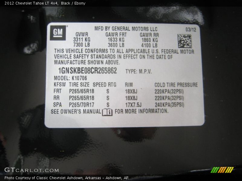 Black / Ebony 2012 Chevrolet Tahoe LT 4x4