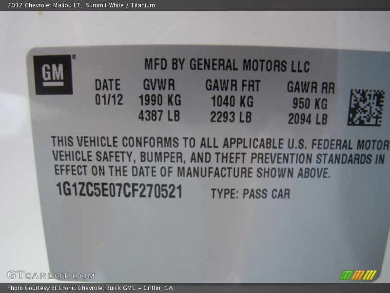 Summit White / Titanium 2012 Chevrolet Malibu LT