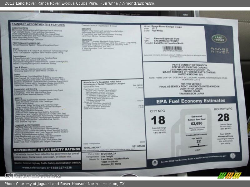  2012 Range Rover Evoque Coupe Pure Window Sticker