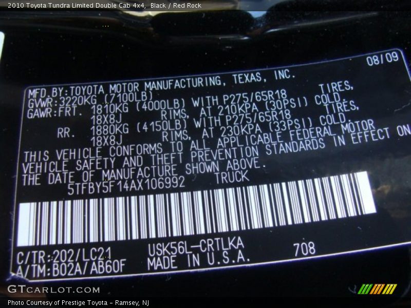 Black / Red Rock 2010 Toyota Tundra Limited Double Cab 4x4