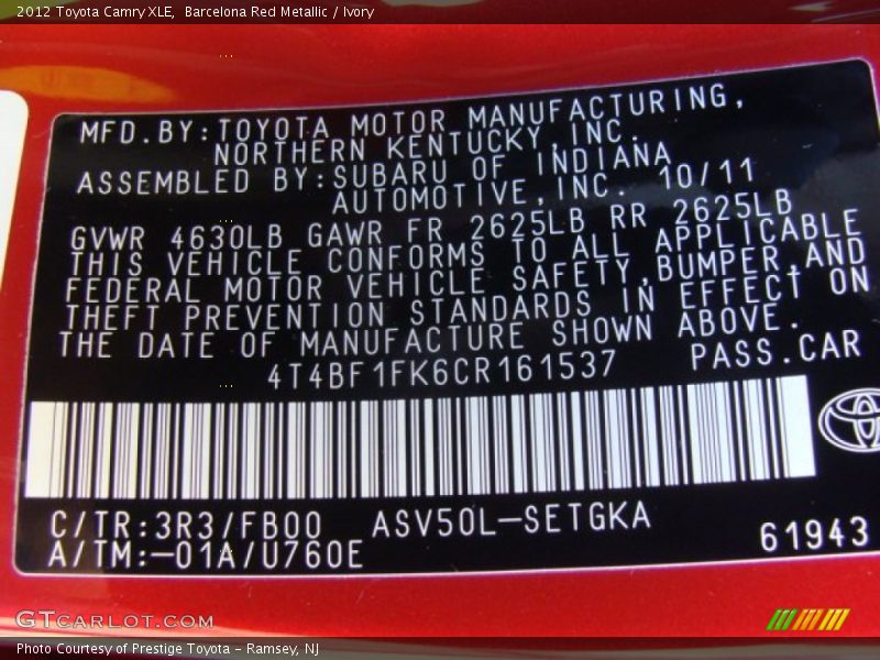 Barcelona Red Metallic / Ivory 2012 Toyota Camry XLE