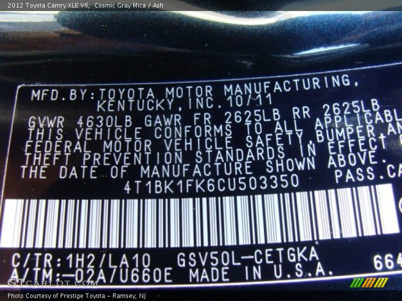 Cosmic Gray Mica / Ash 2012 Toyota Camry XLE V6