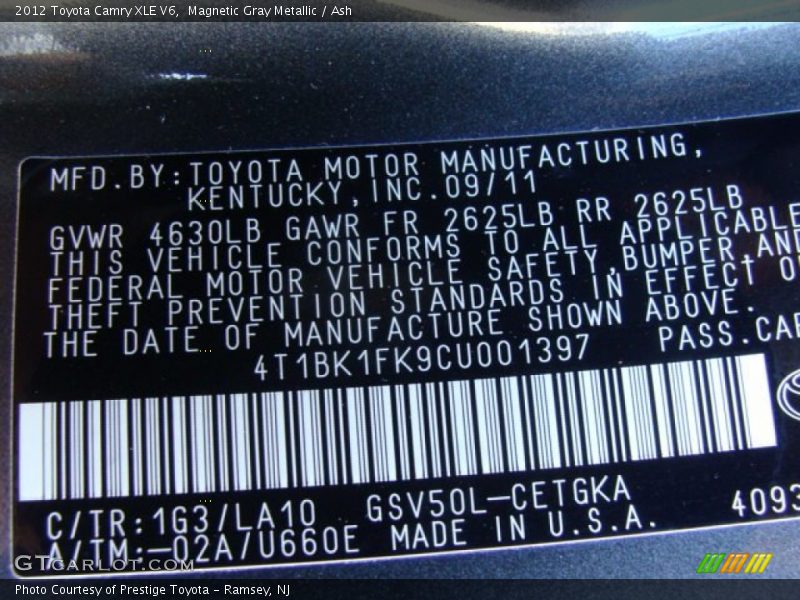 Magnetic Gray Metallic / Ash 2012 Toyota Camry XLE V6