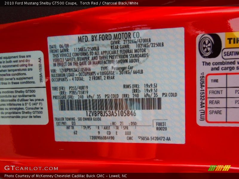 2010 Mustang Shelby GT500 Coupe Torch Red Color Code D3