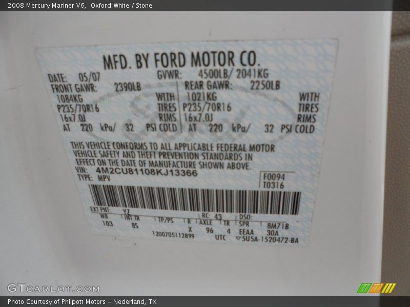 2008 Mariner V6 Oxford White Color Code YZ