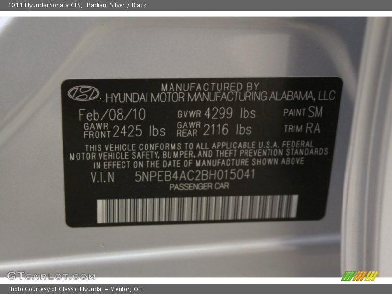 Radiant Silver / Black 2011 Hyundai Sonata GLS