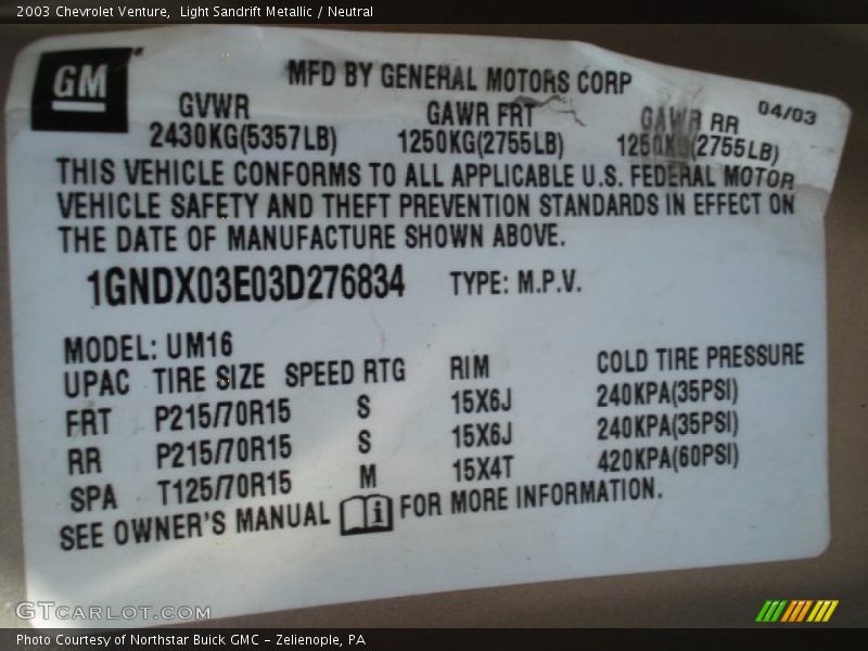 Light Sandrift Metallic / Neutral 2003 Chevrolet Venture