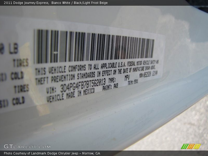2011 Journey Express Bianco White Color Code PW3