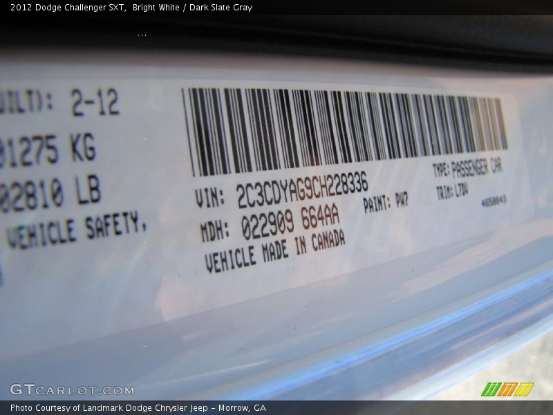 Bright White / Dark Slate Gray 2012 Dodge Challenger SXT