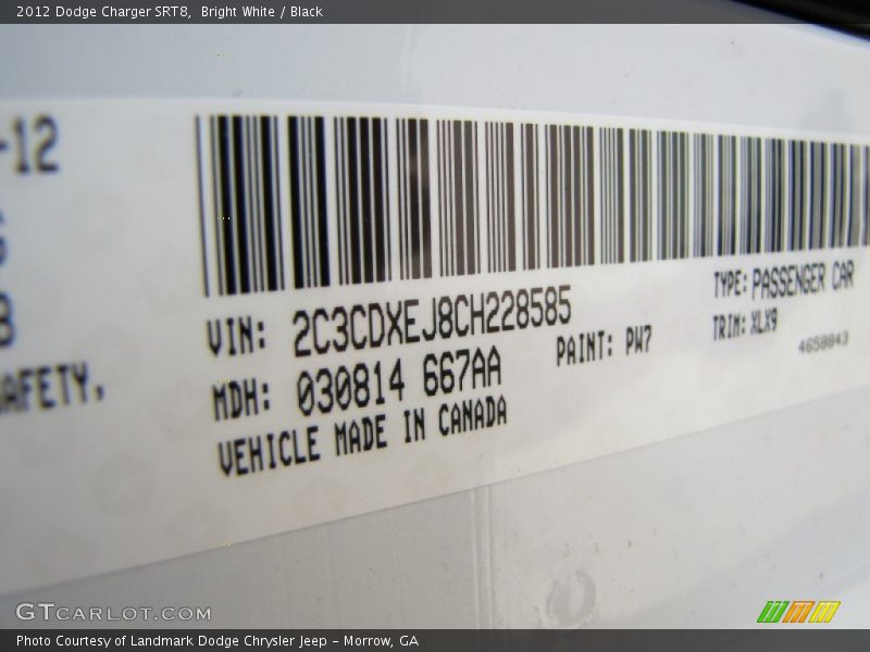 2012 Charger SRT8 Bright White Color Code PW7