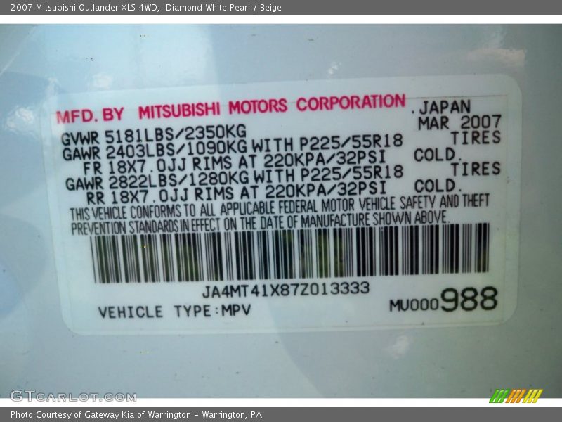 Diamond White Pearl / Beige 2007 Mitsubishi Outlander XLS 4WD