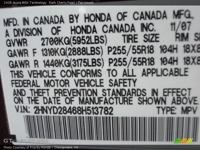 Dark Cherry Pearl / Parchment 2008 Acura MDX Technology