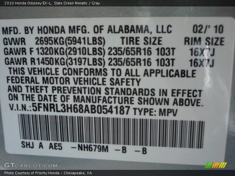 Slate Green Metallic / Gray 2010 Honda Odyssey EX-L