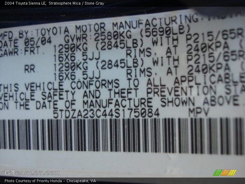 Stratosphere Mica / Stone Gray 2004 Toyota Sienna LE