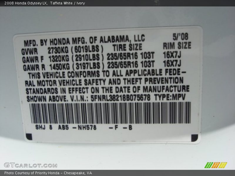 Taffeta White / Ivory 2008 Honda Odyssey LX