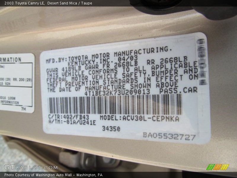 2003 Camry LE Desert Sand Mica Color Code 4Q2