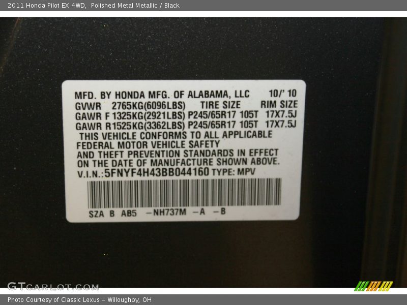 Polished Metal Metallic / Black 2011 Honda Pilot EX 4WD