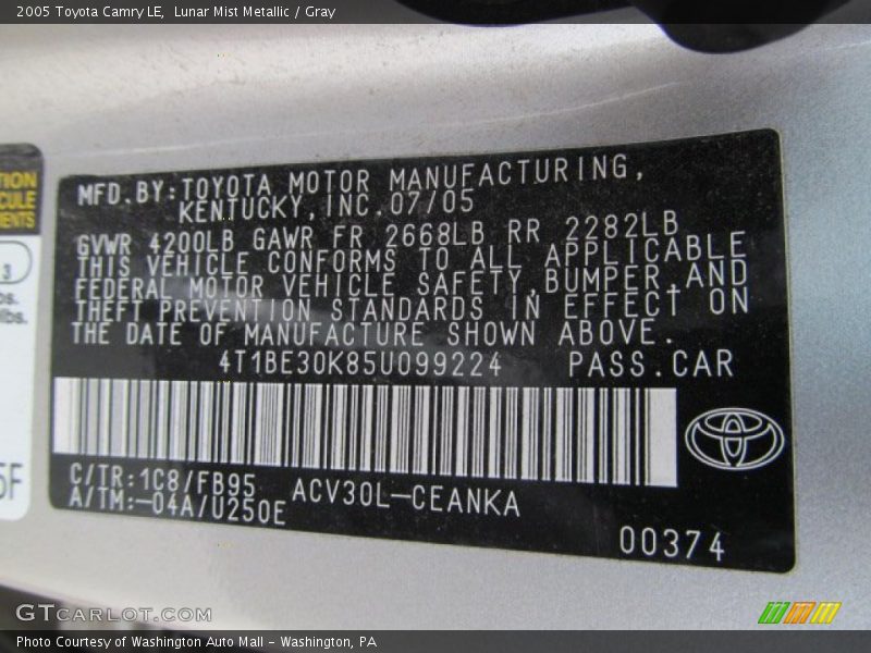 2005 Camry LE Lunar Mist Metallic Color Code 1C8