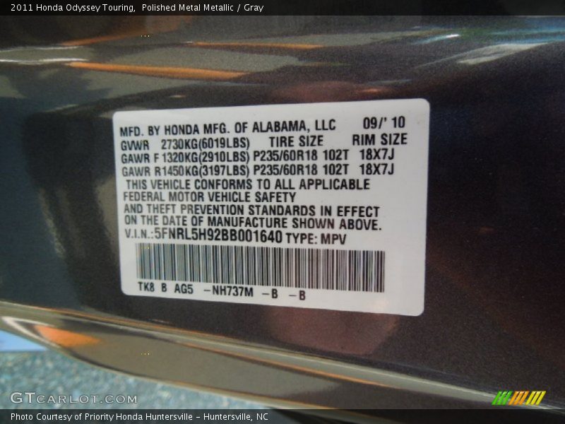Polished Metal Metallic / Gray 2011 Honda Odyssey Touring