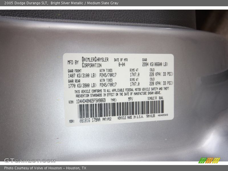 Bright Silver Metallic / Medium Slate Gray 2005 Dodge Durango SLT