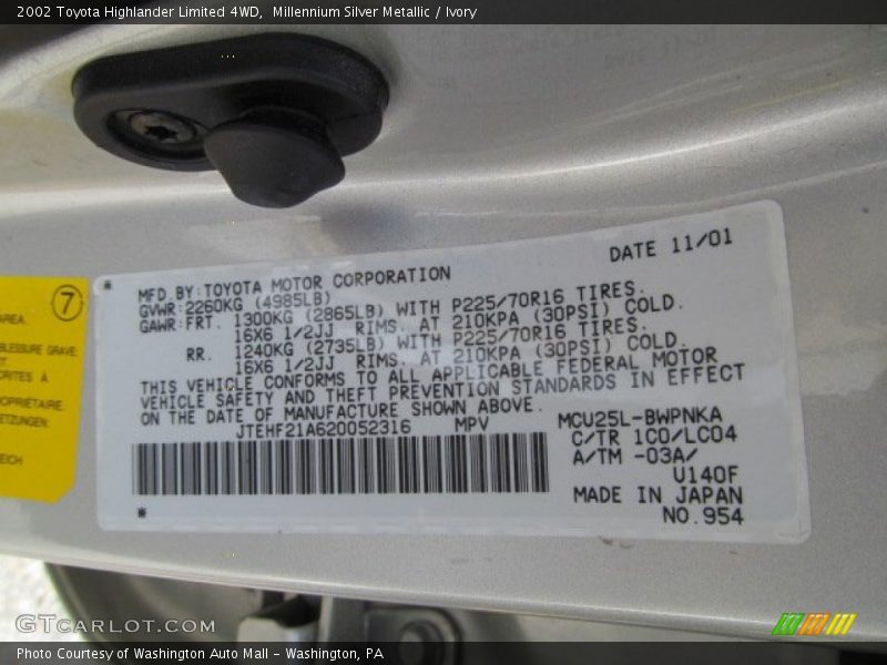 2002 Highlander Limited 4WD Millennium Silver Metallic Color Code 1C0